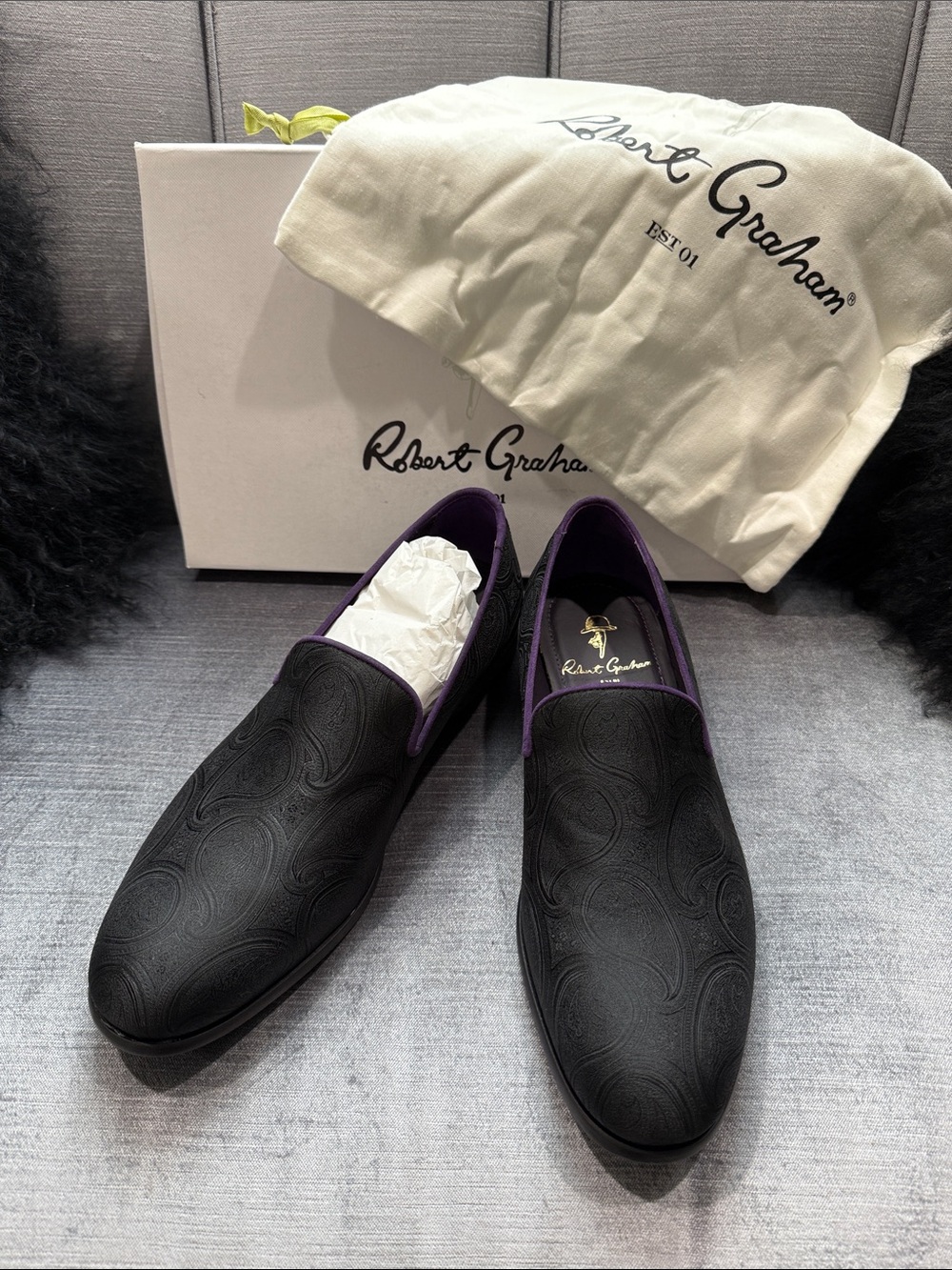 Robert Graham Black Paisley Payterned Slip-On Loafers with Purple Trim